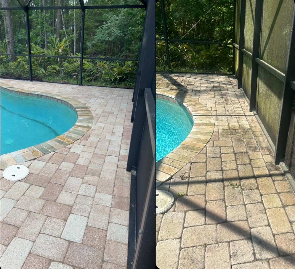 Pool patio paver cleaning before and after